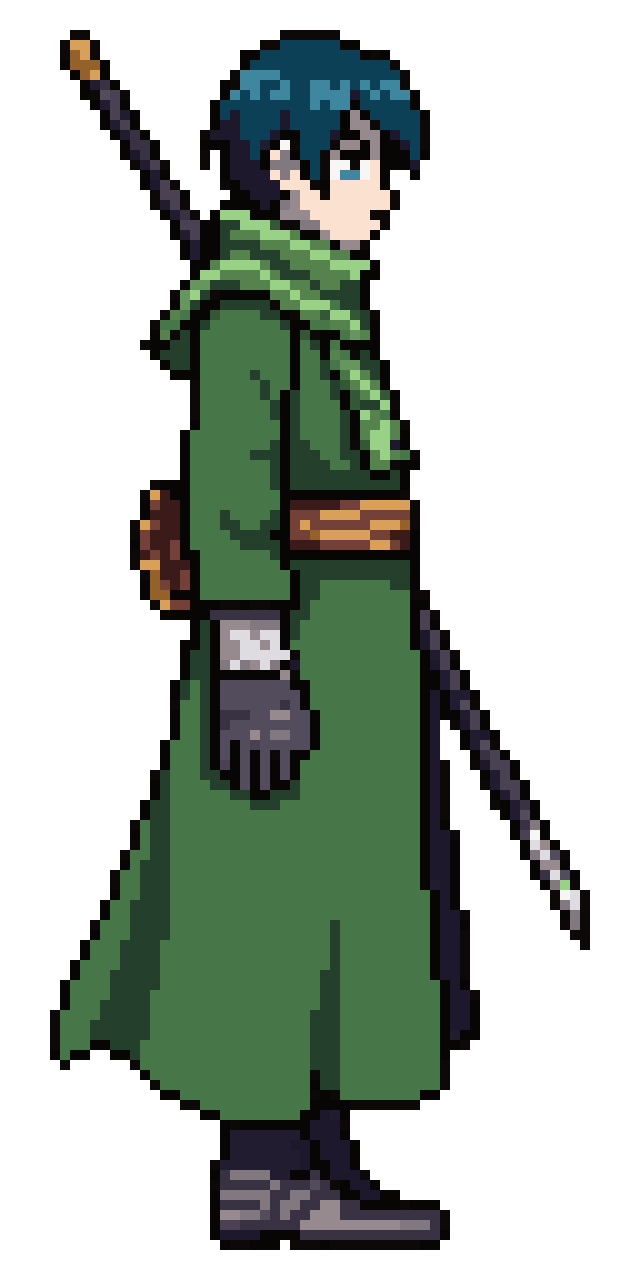 Rogue character. Green scarf mixed pixel art