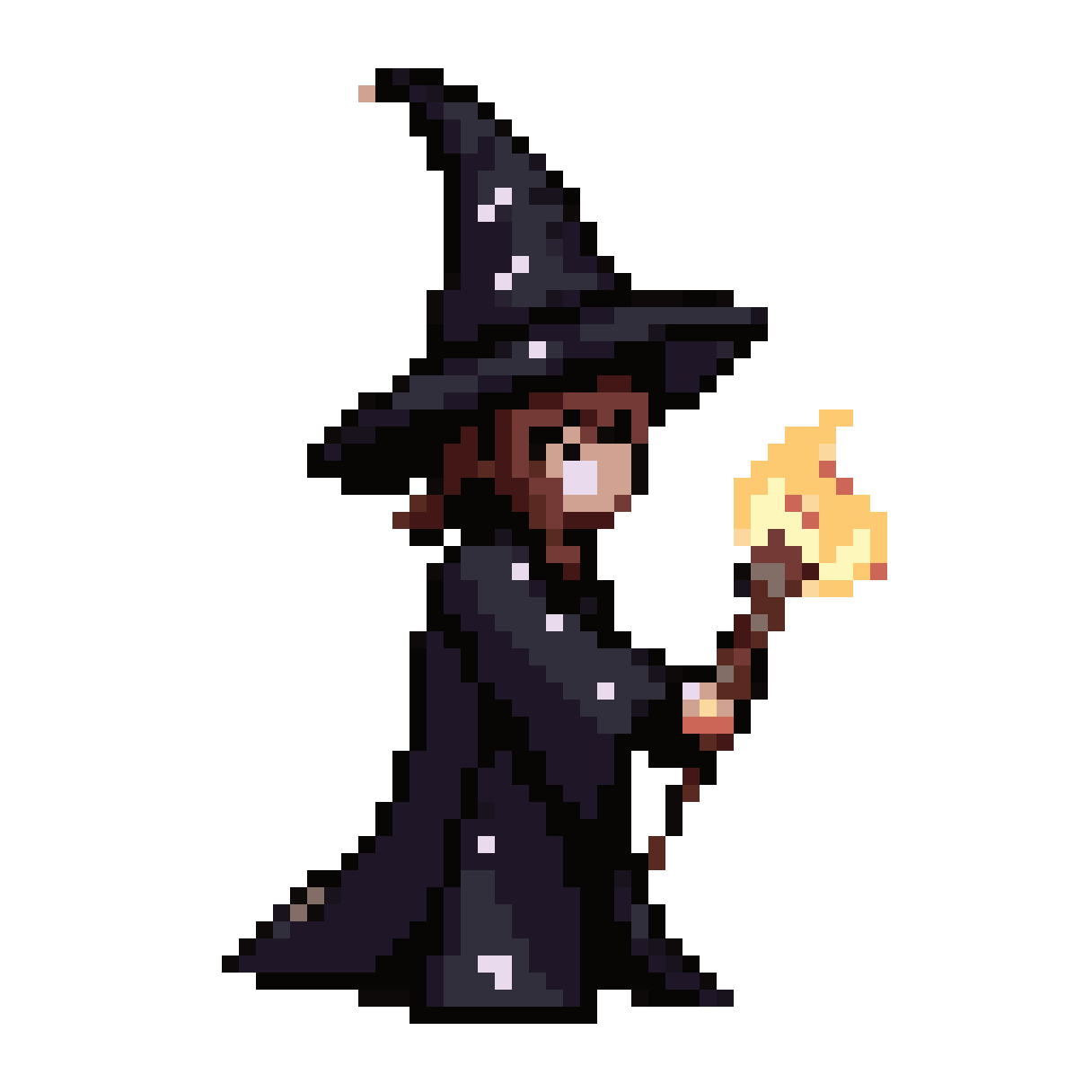 black mage character with glowing staff pixel art