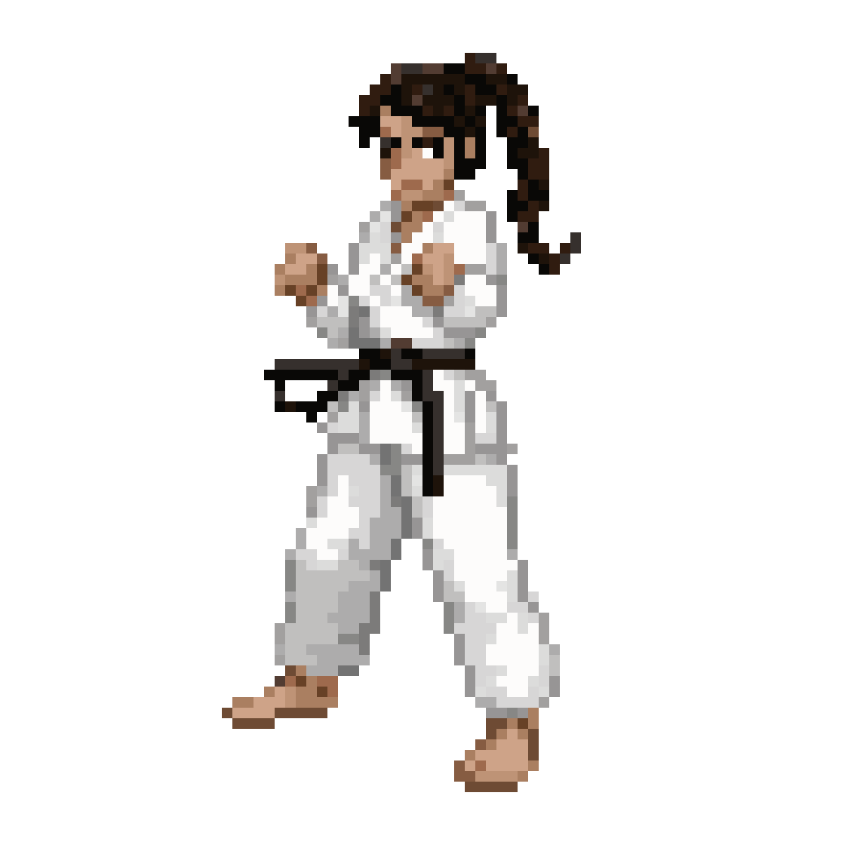 female karate fighter in white outfit pixel art