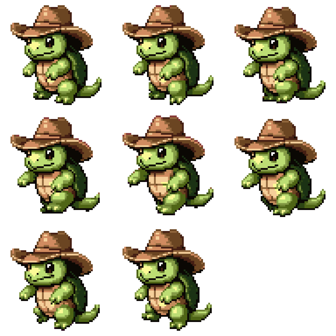 Green Tortle Sorcerer in Cowboy Hat Walking pixel art