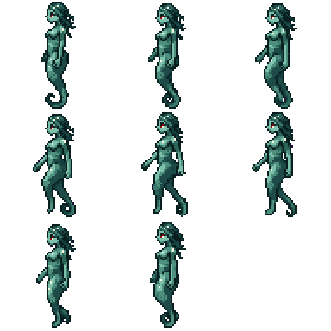 a mermaid with light blue skin Walking pixel art