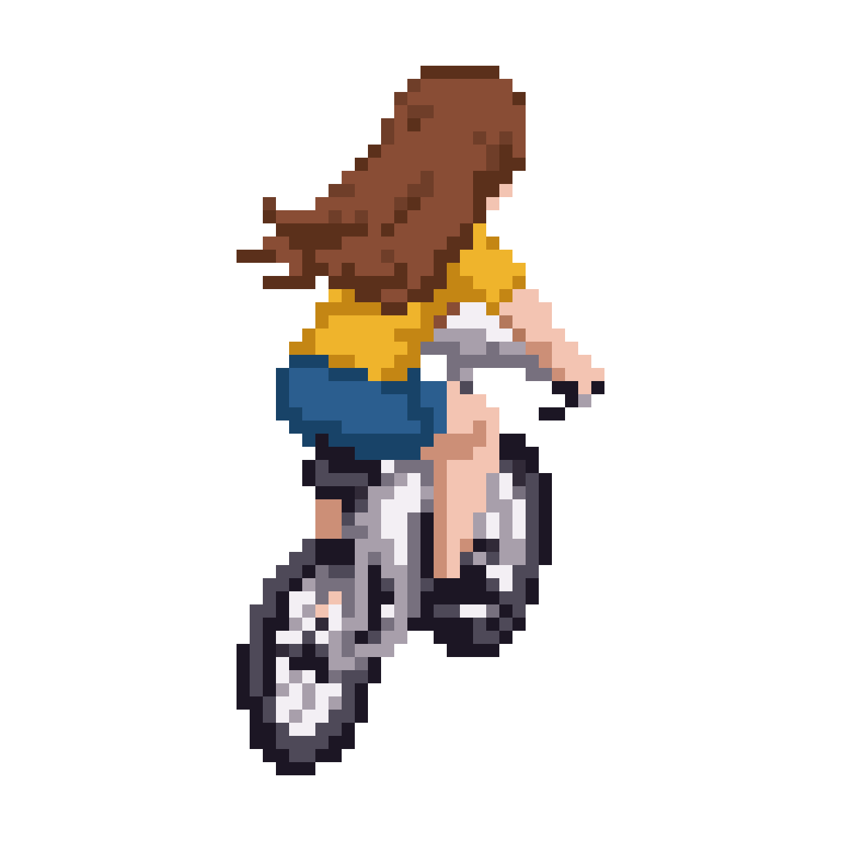female cyclist with flowing brown hair pixel art