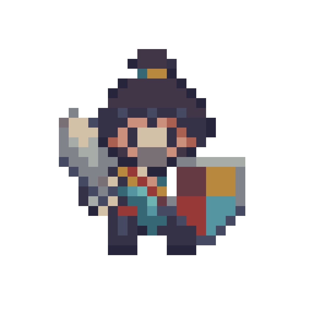 humble warrior character with sword and shield pixel art