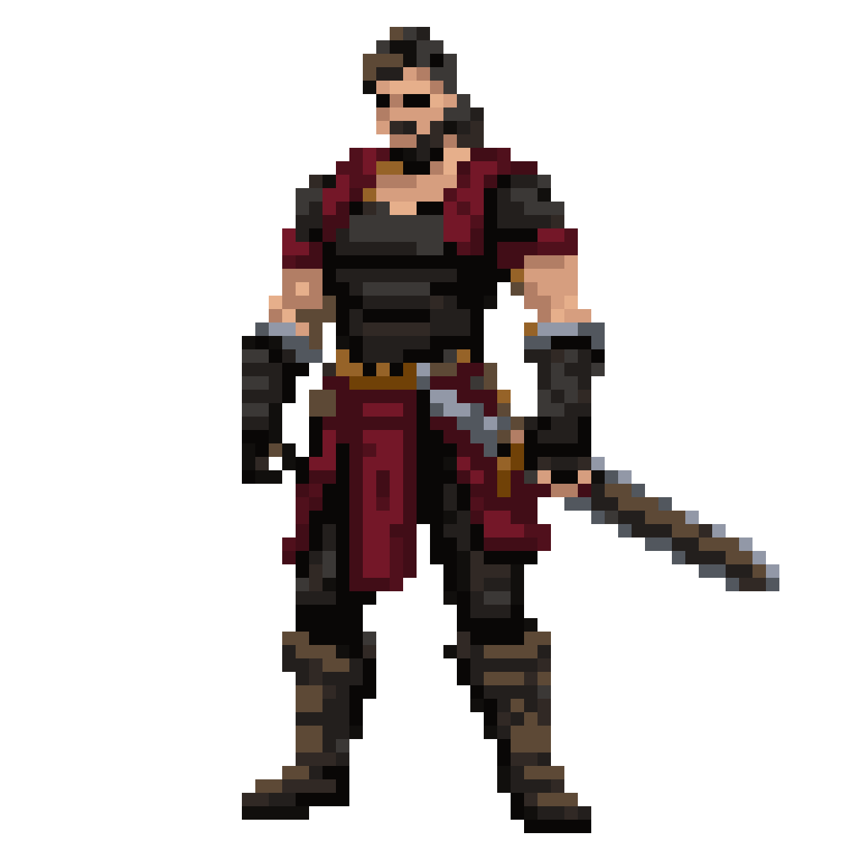 rugged male swordsman with dark beard pixel art