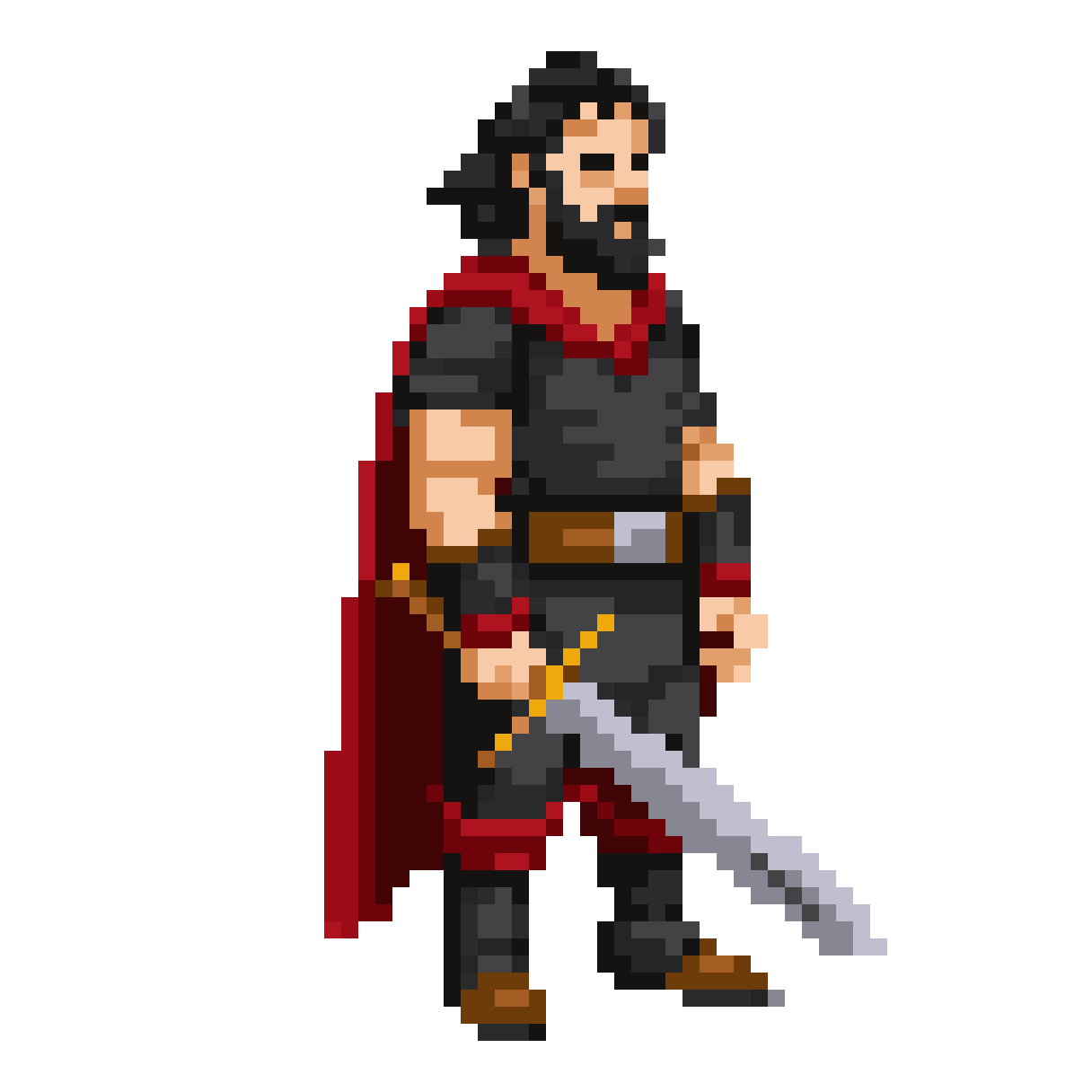 rugged male swordsman with dark beard pixel art