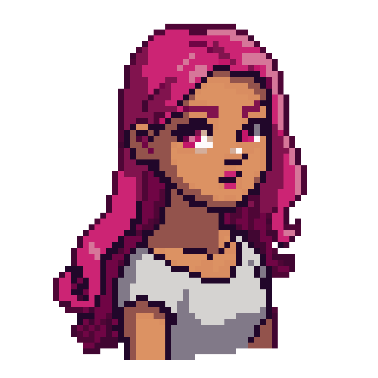 A character with pink hair and vibrant clothes pixel art