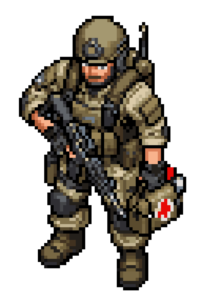combat medic holding a first aid kit pixel art
