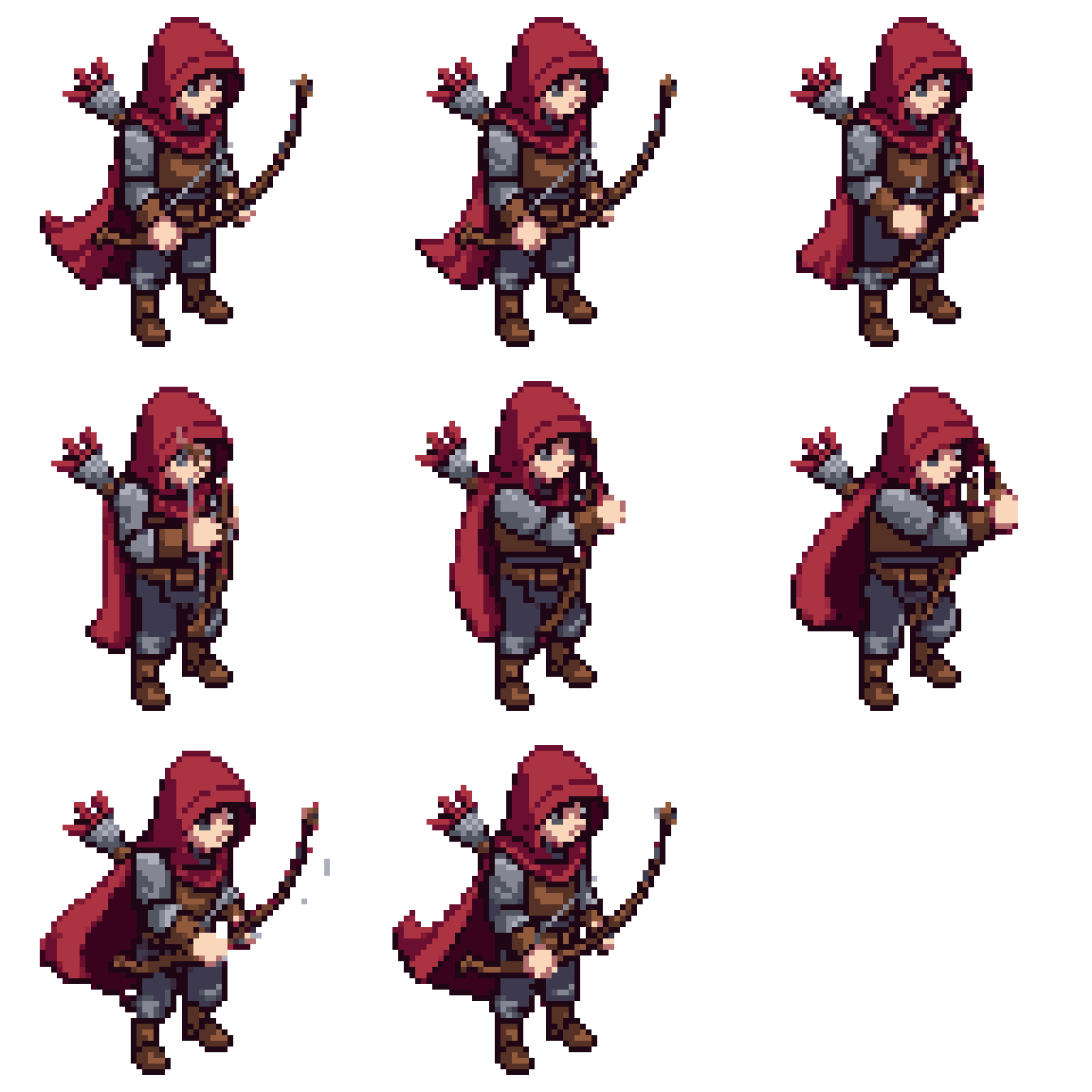 Medieval Archer with Hood and Cape Attacking pixel art