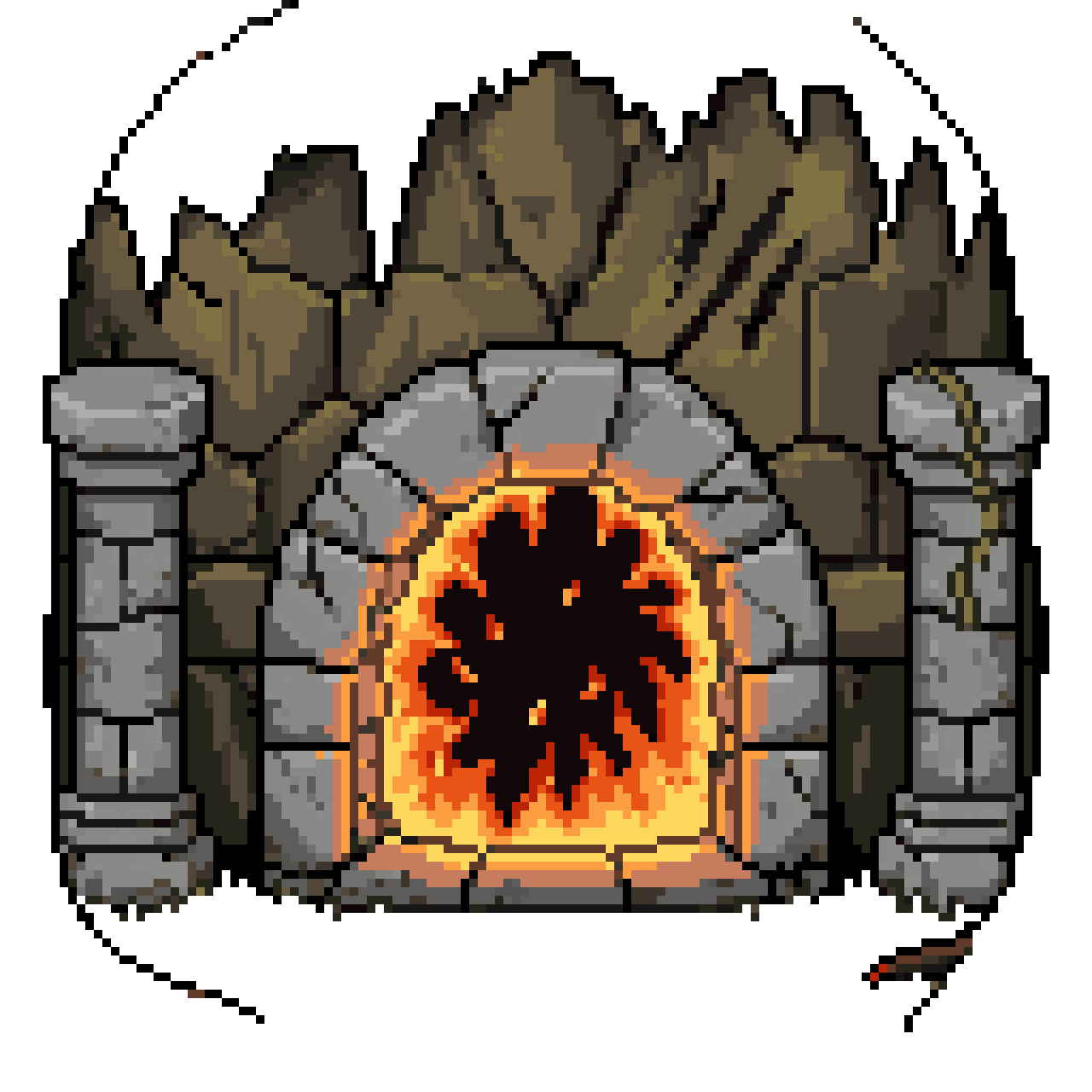 Mossy Cave Entrance with Dragon Fire pixel art