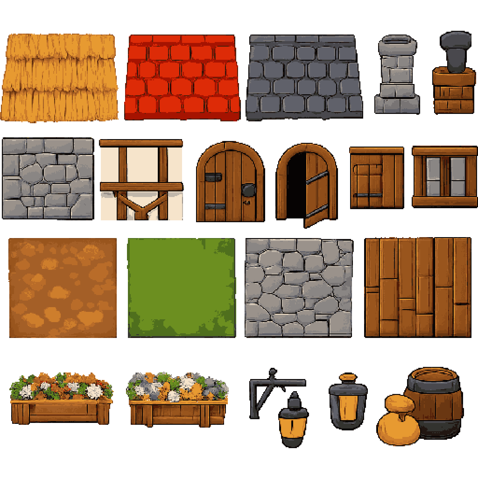 modular tiles for medieval fantasy houses pixel art