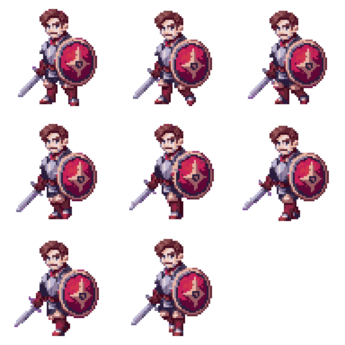Handsome Heroic Warrior with Sword and Shield Walking pixel art