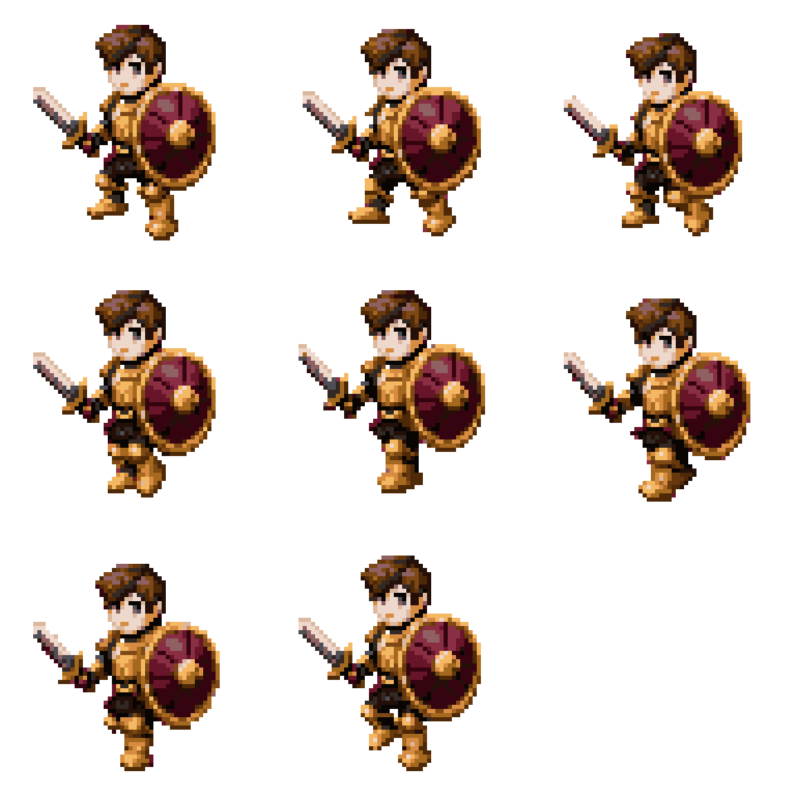 Young warrior in golden armor Walking pixel art