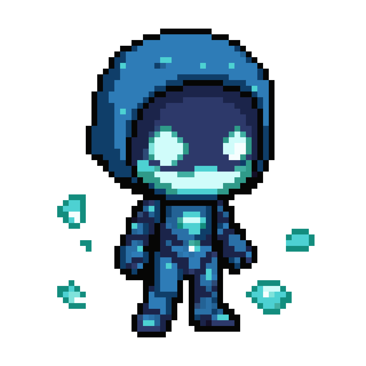 small blue humanoid with glowing body pixel art