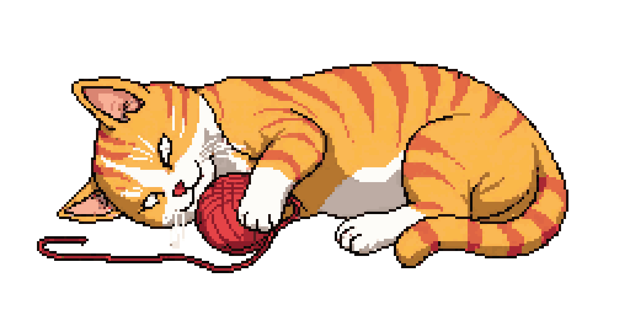 Orange cat playing with red ball pixel art