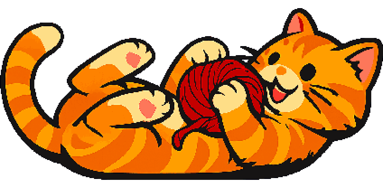 Orange cat playing with red ball pixel art