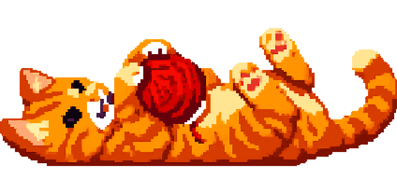 Orange cat playing with red ball pixel art
