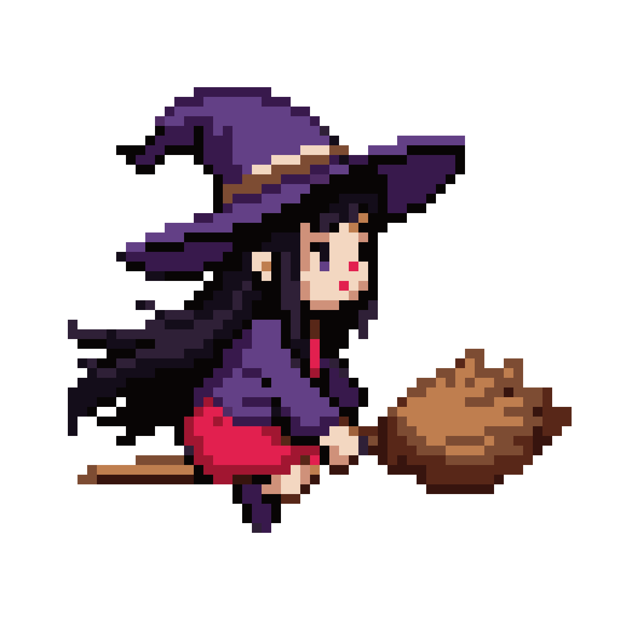 Cute young witch flying on broomstick pixel art