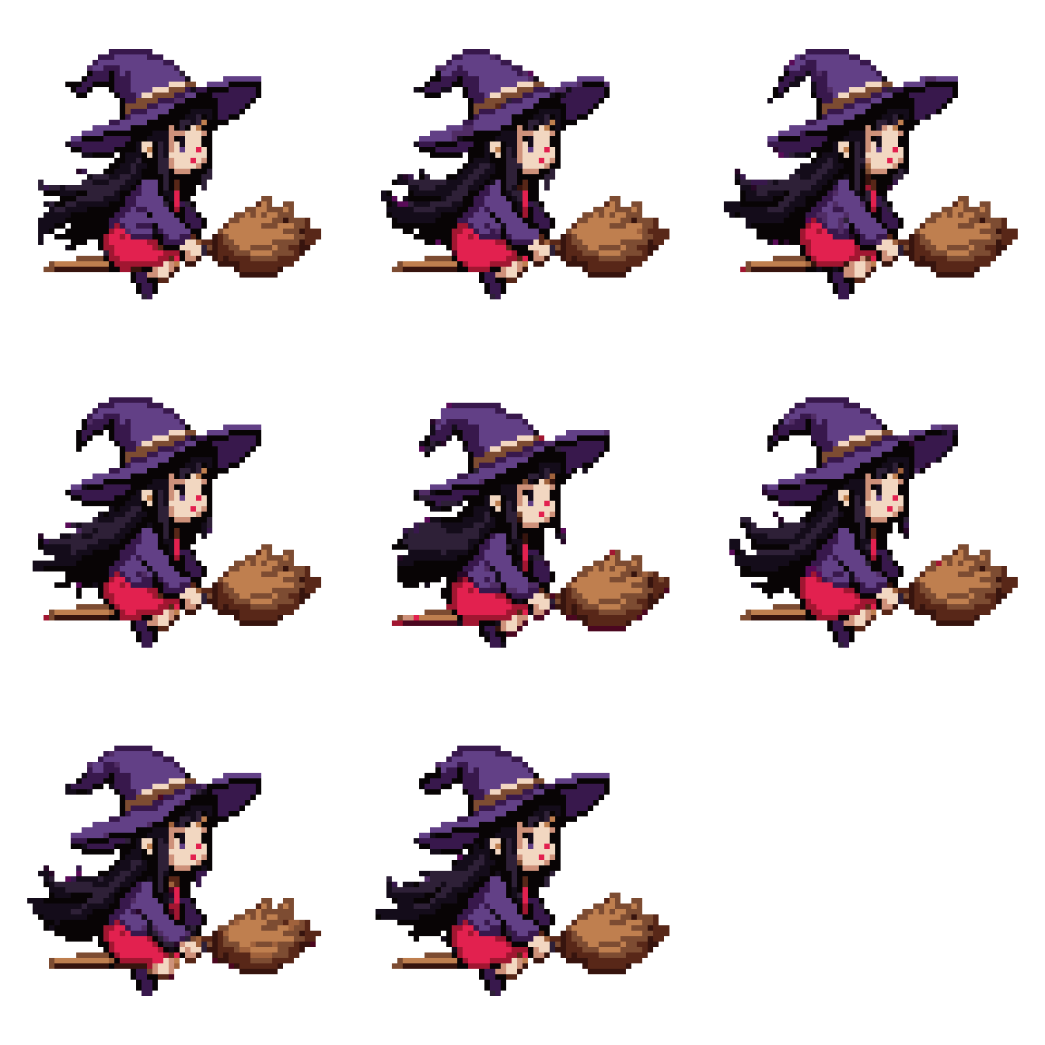 Cute young witch flying on broomstick Idle pixel art