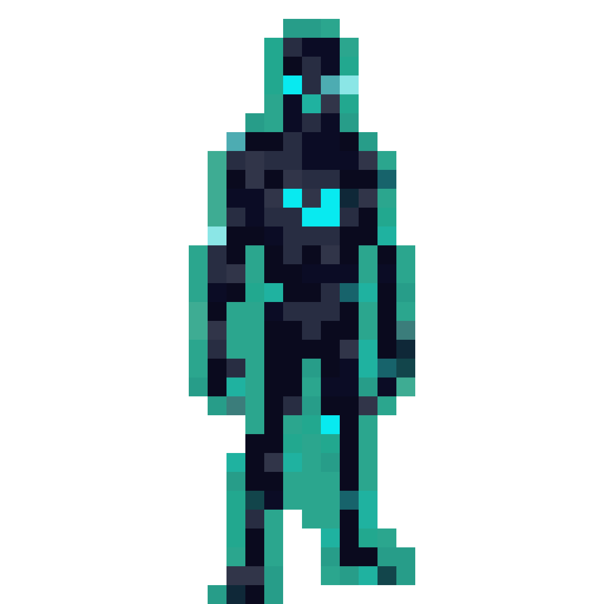 Glowing Cyan and Black Humanoid Being pixel art