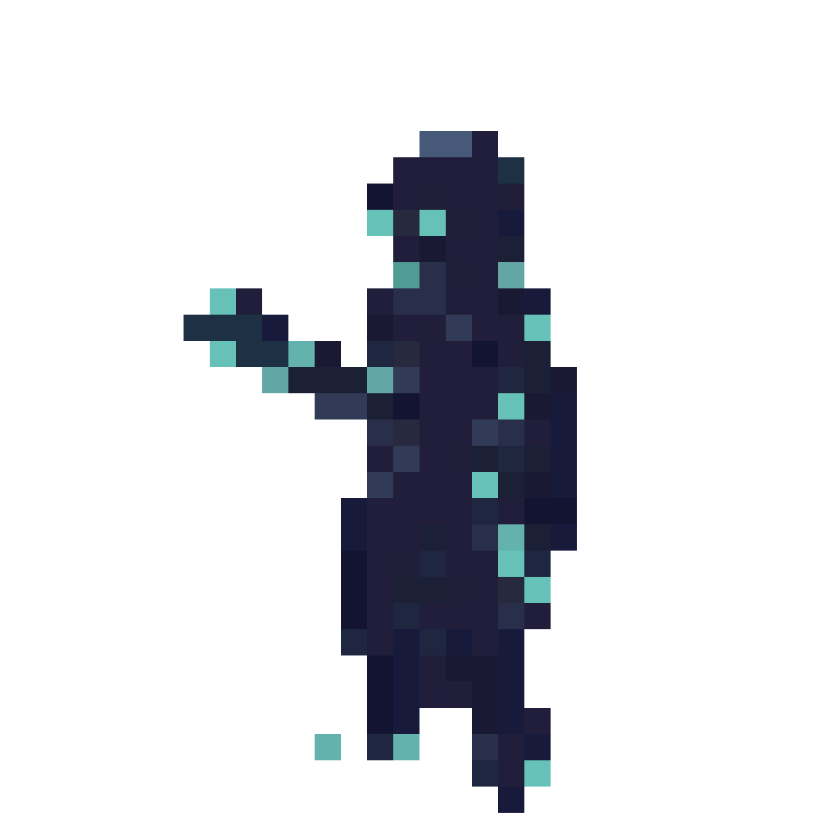 Glowing Cyan and Black Humanoid Being pixel art