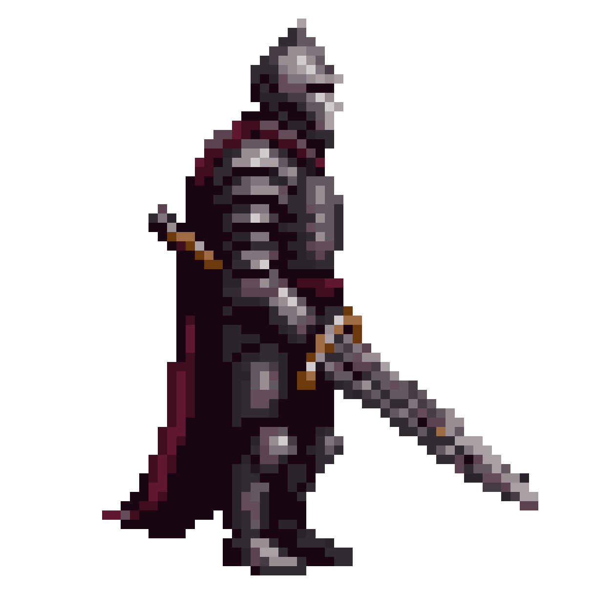 Medieval knight with dark armor and sword pixel art