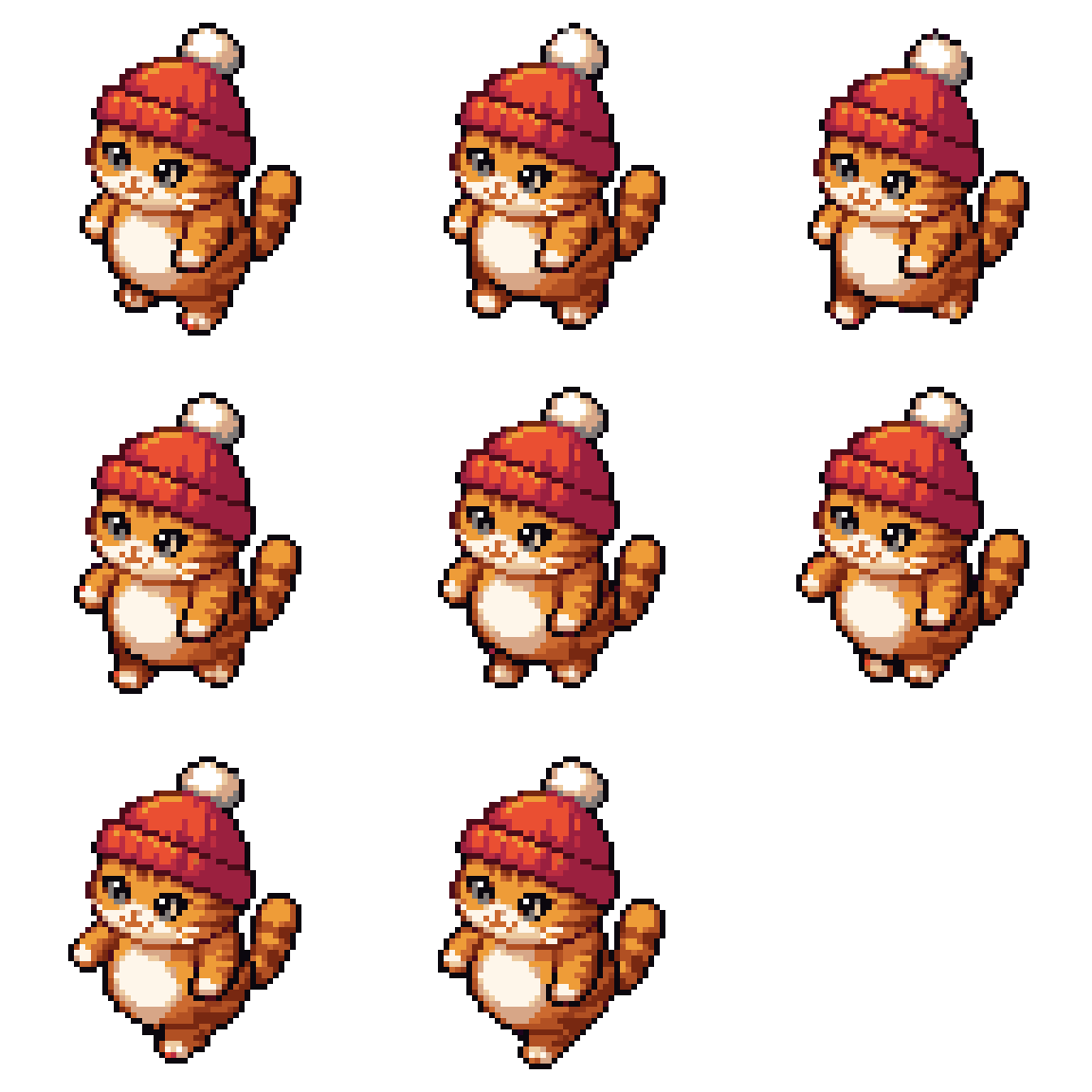 cute chubby orange cat in a beanie Walking pixel art