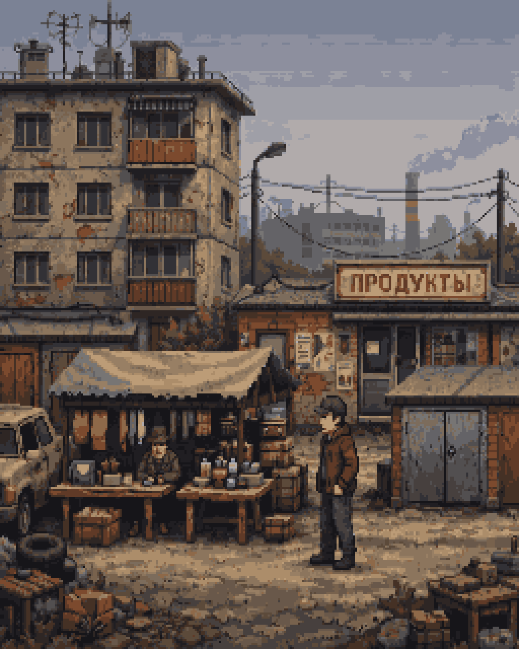 post-soviet urban buildings rooftop pixel art