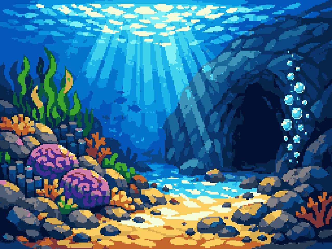vibrant underwater coral reef ecosystem pixel art