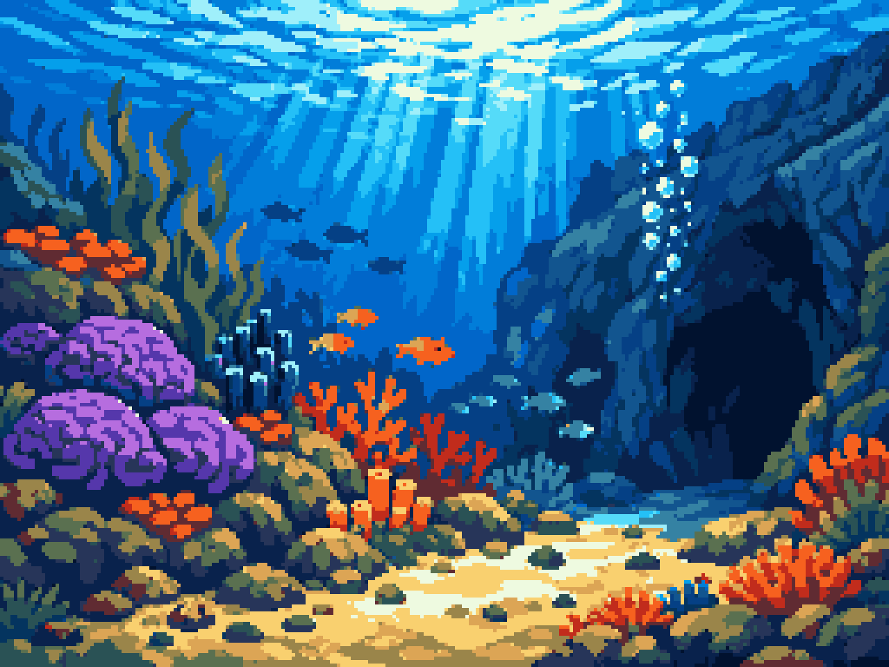 vibrant underwater coral reef ecosystem pixel art
