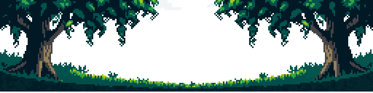 Horizontal layout,lush forest canopy and pixel art