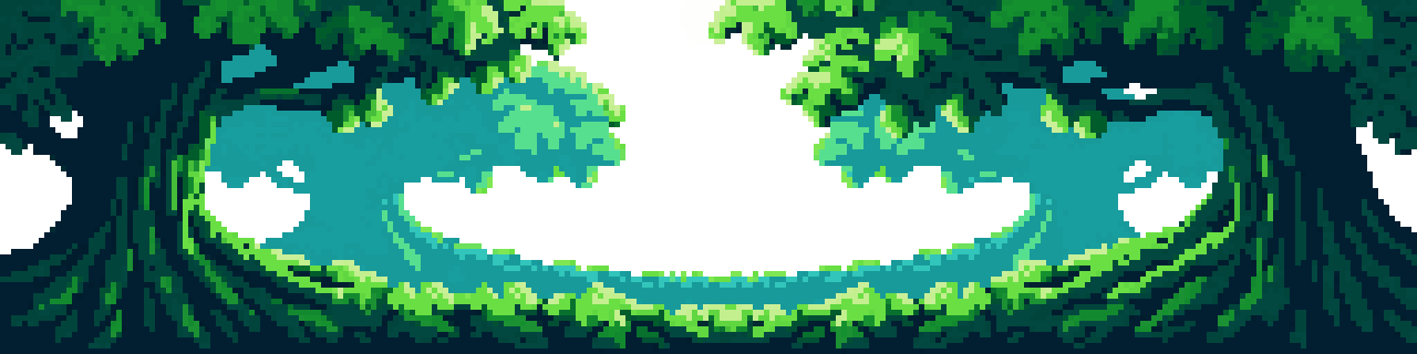Horizontal layout,lush forest canopy and pixel art