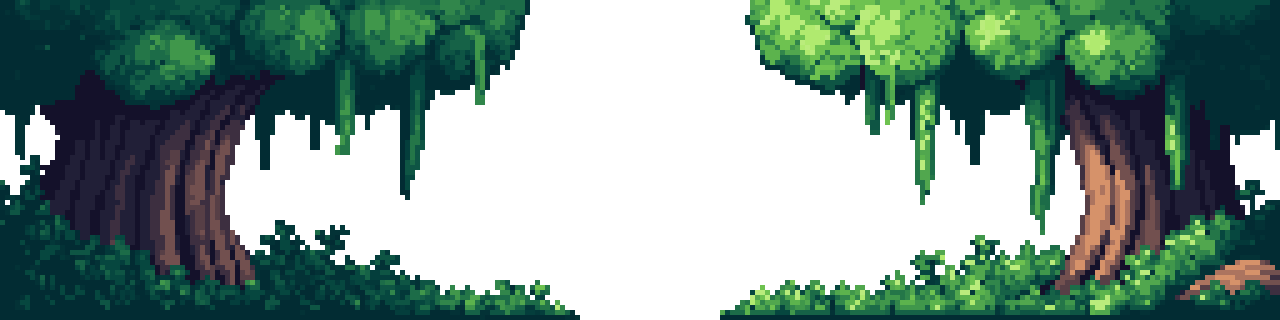 Lush hanging forest foliage, HD-2D pixel art