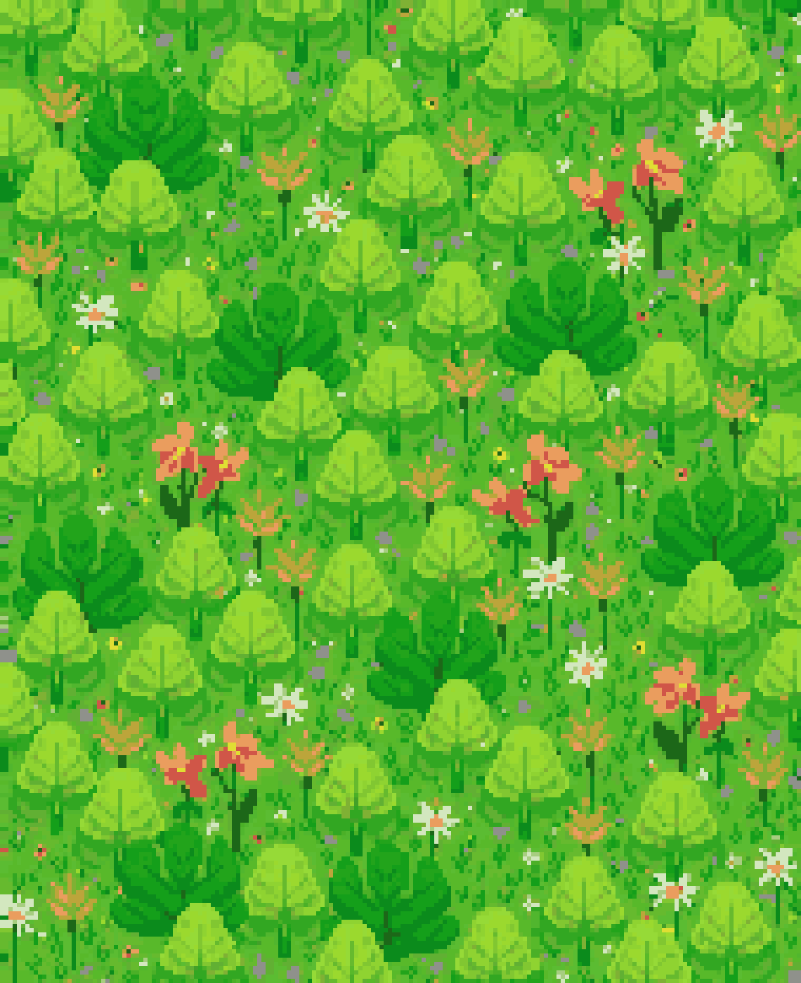 Green Forest with Flowers and Village Roads pixel art