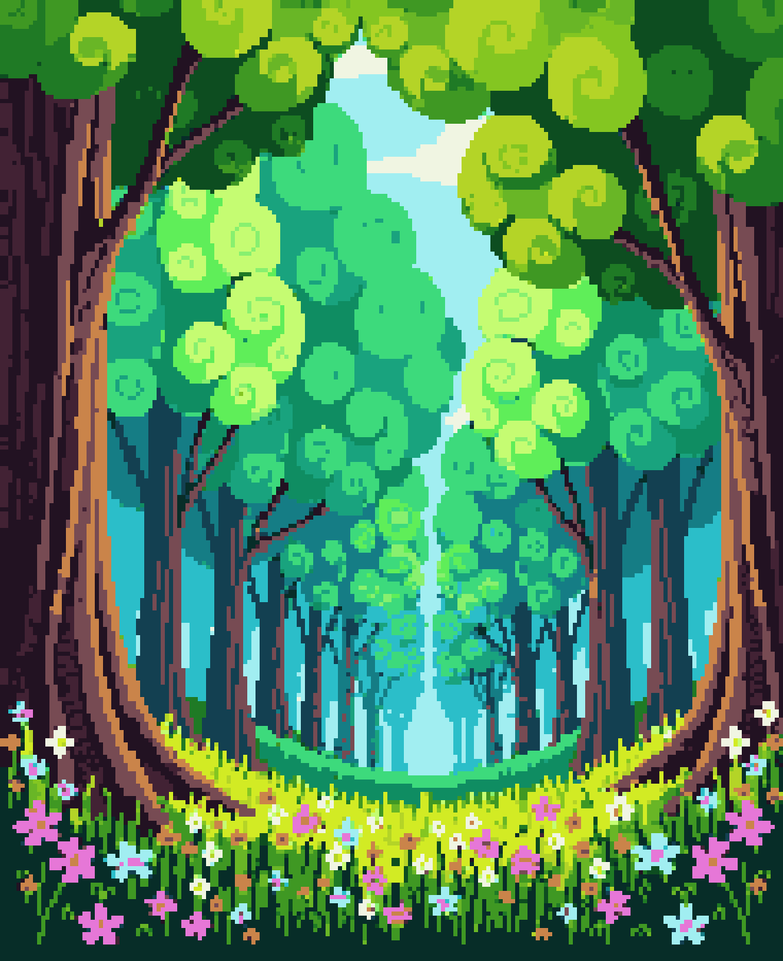 lush green forest with wildflowers pixel art