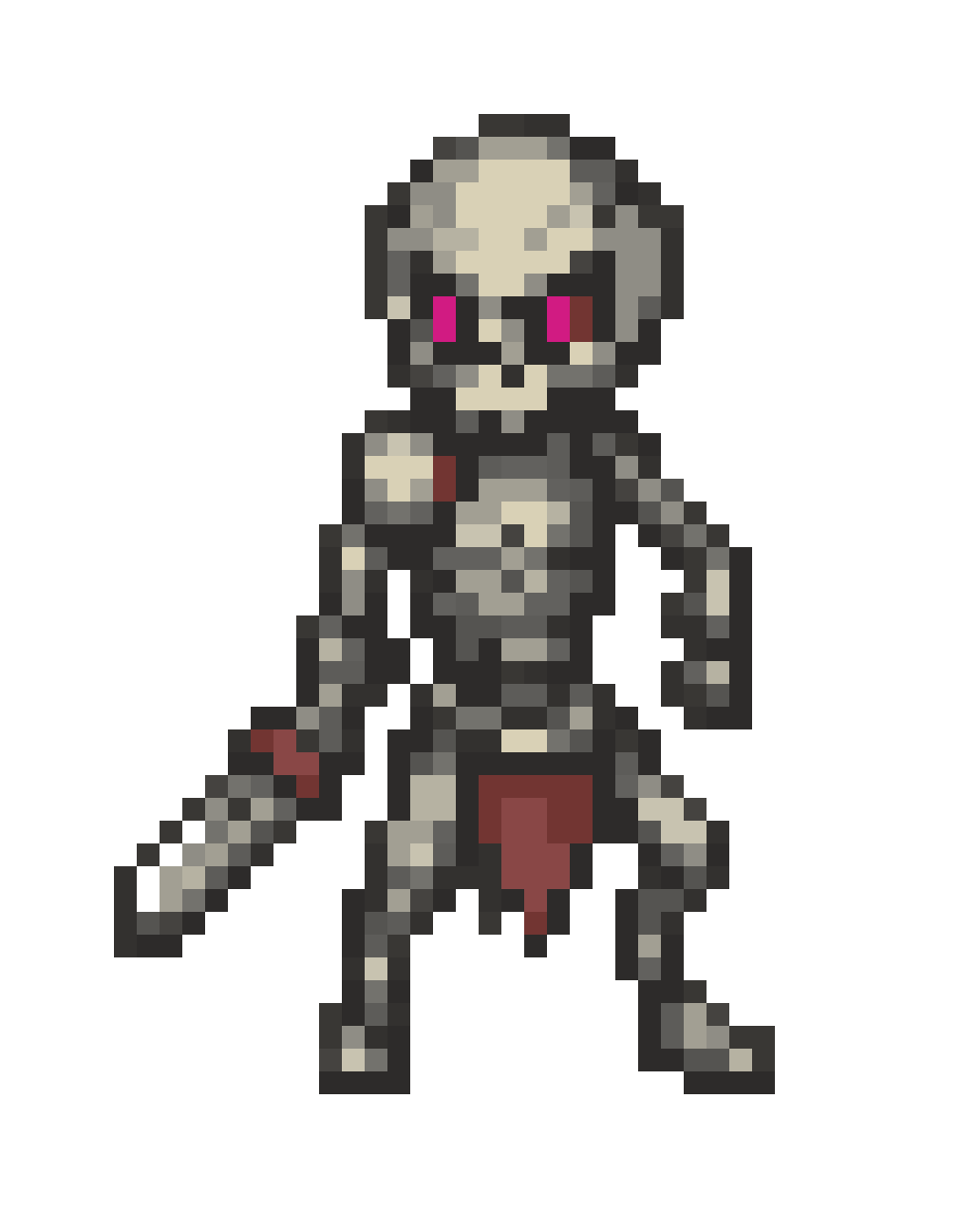 skeleton monster with glowing red eyes pixel art