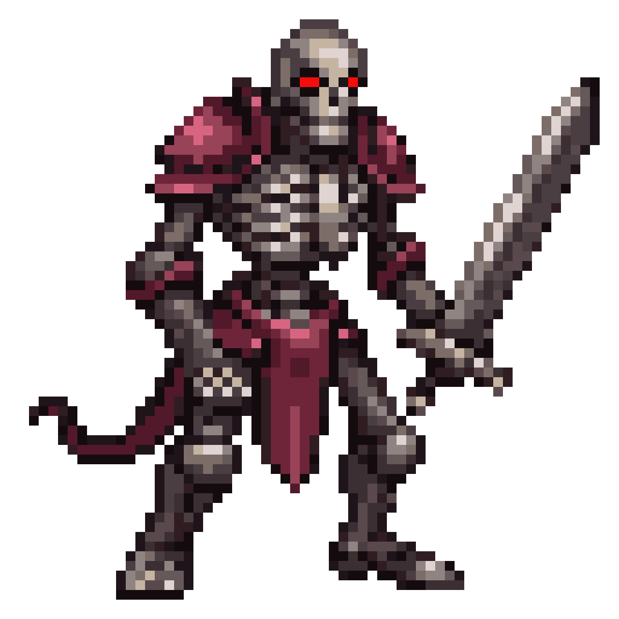 skeleton monster with glowing red eyes pixel art