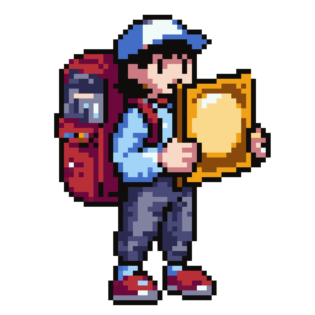 player with trading card and backpack pixel art