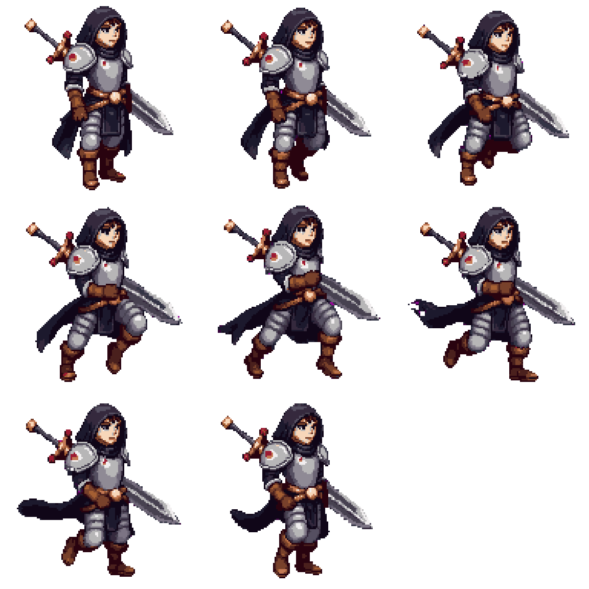 Hooded Swordmaster in Light Armor Running pixel art