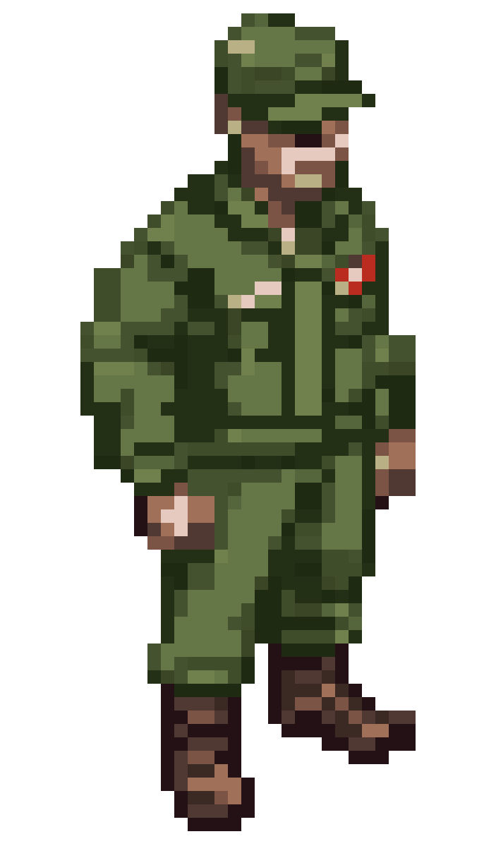 Sam, a military-esque character with pixel art