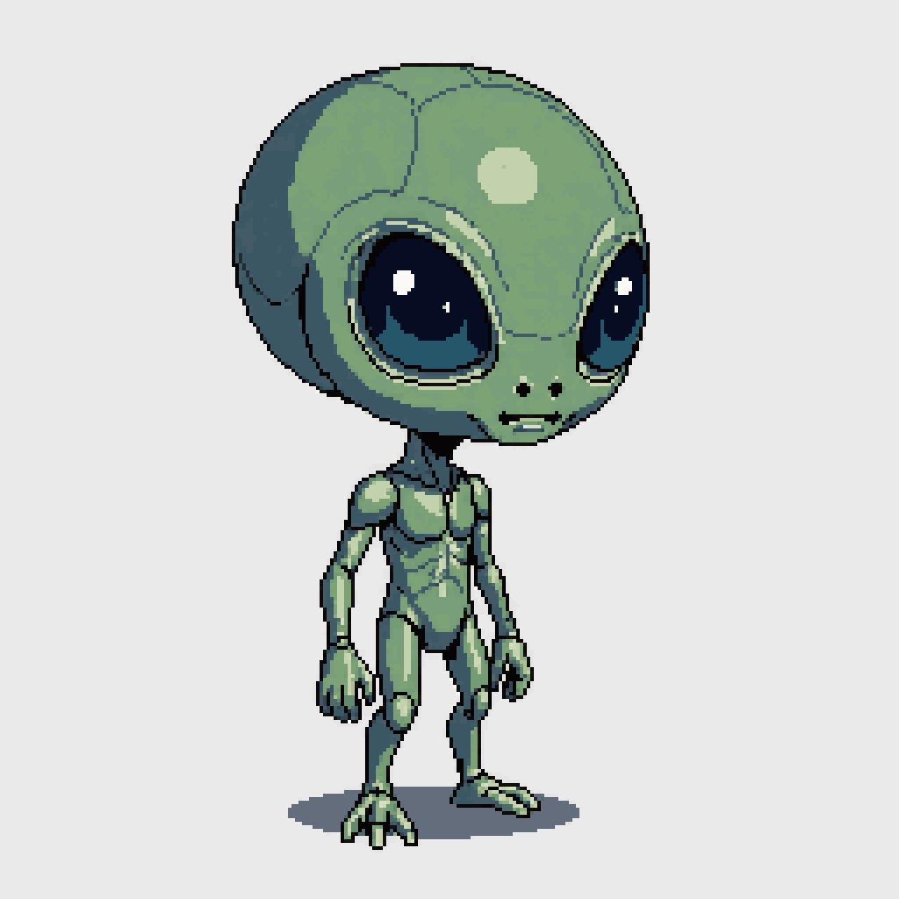 space alien with wide eyes and big head pixel art