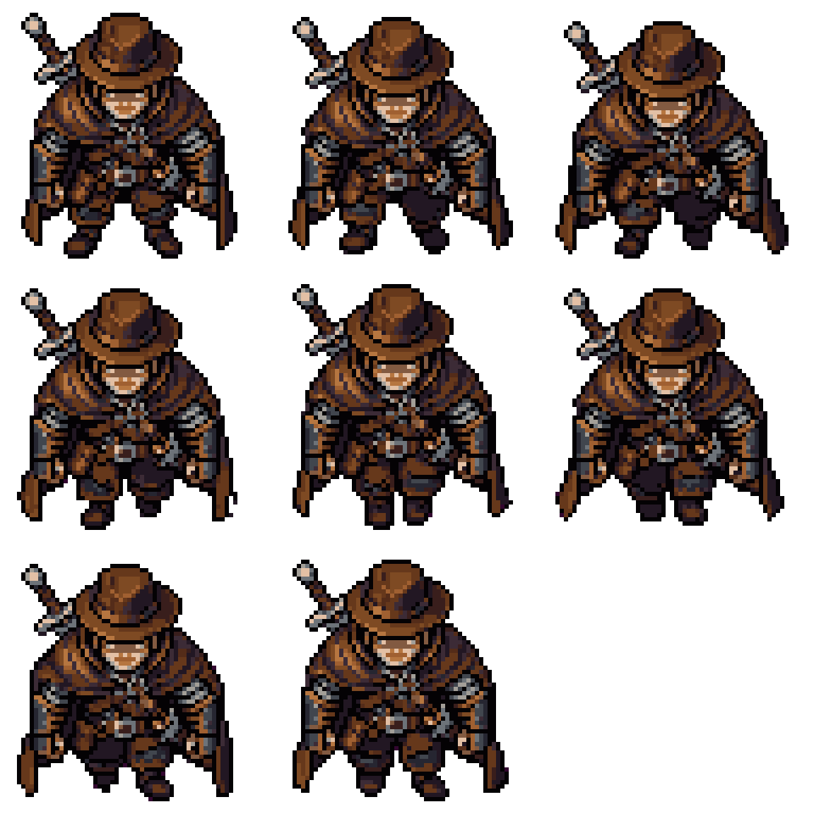 Man in Leather Hat and Cloak Walking pixel art