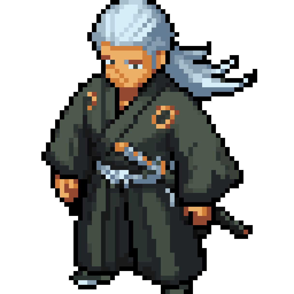 Samurai with White Hair and Black Kimono pixel art
