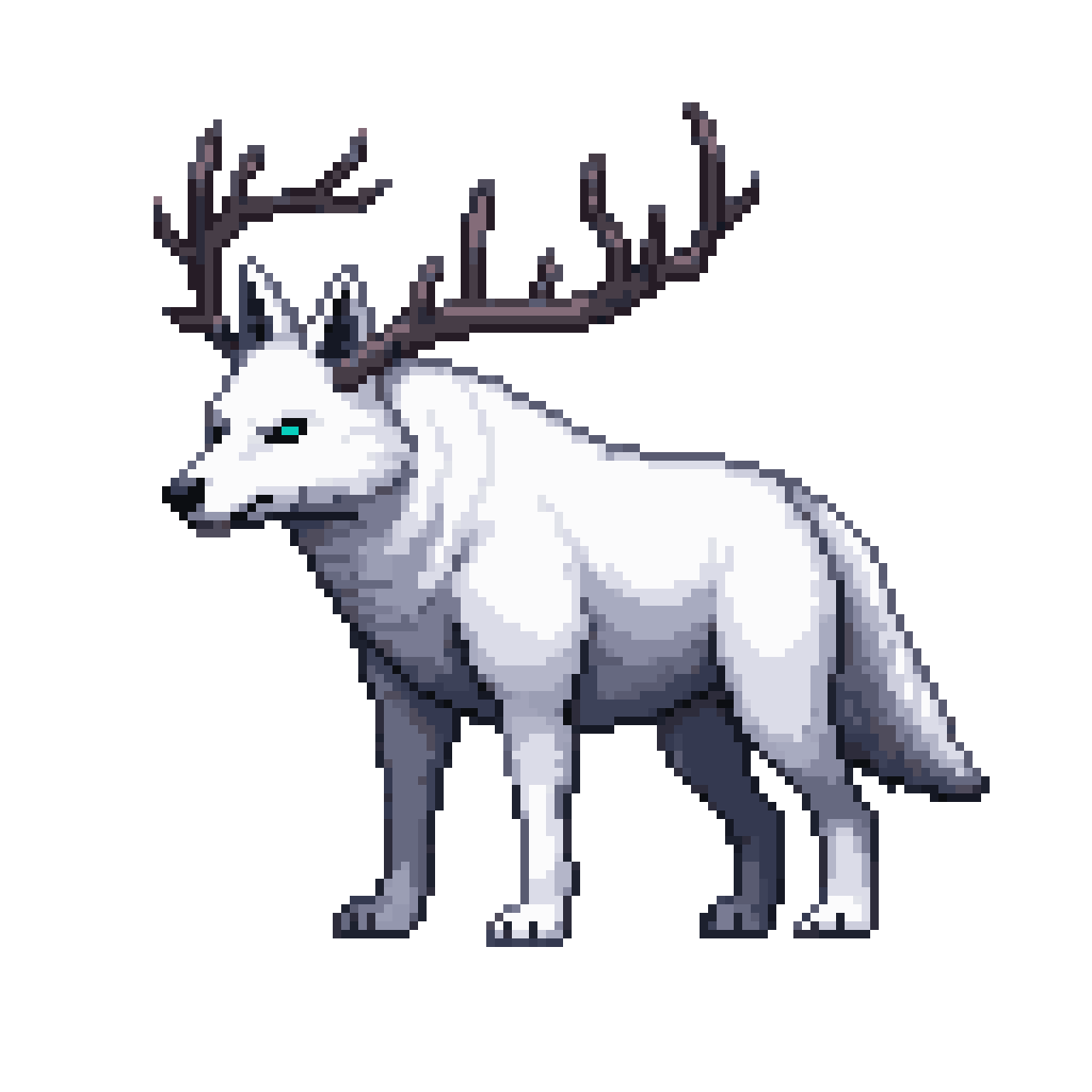 snow wolf with antlers in Hyper Light Drifter style pixel art