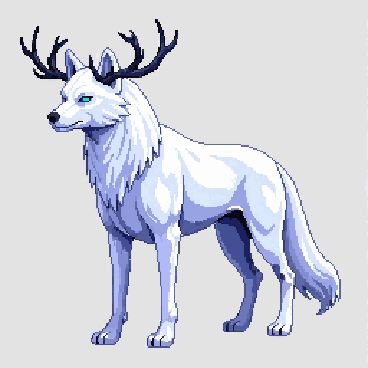 snow wolf with antlers in Hyper Light Drifter style pixel art