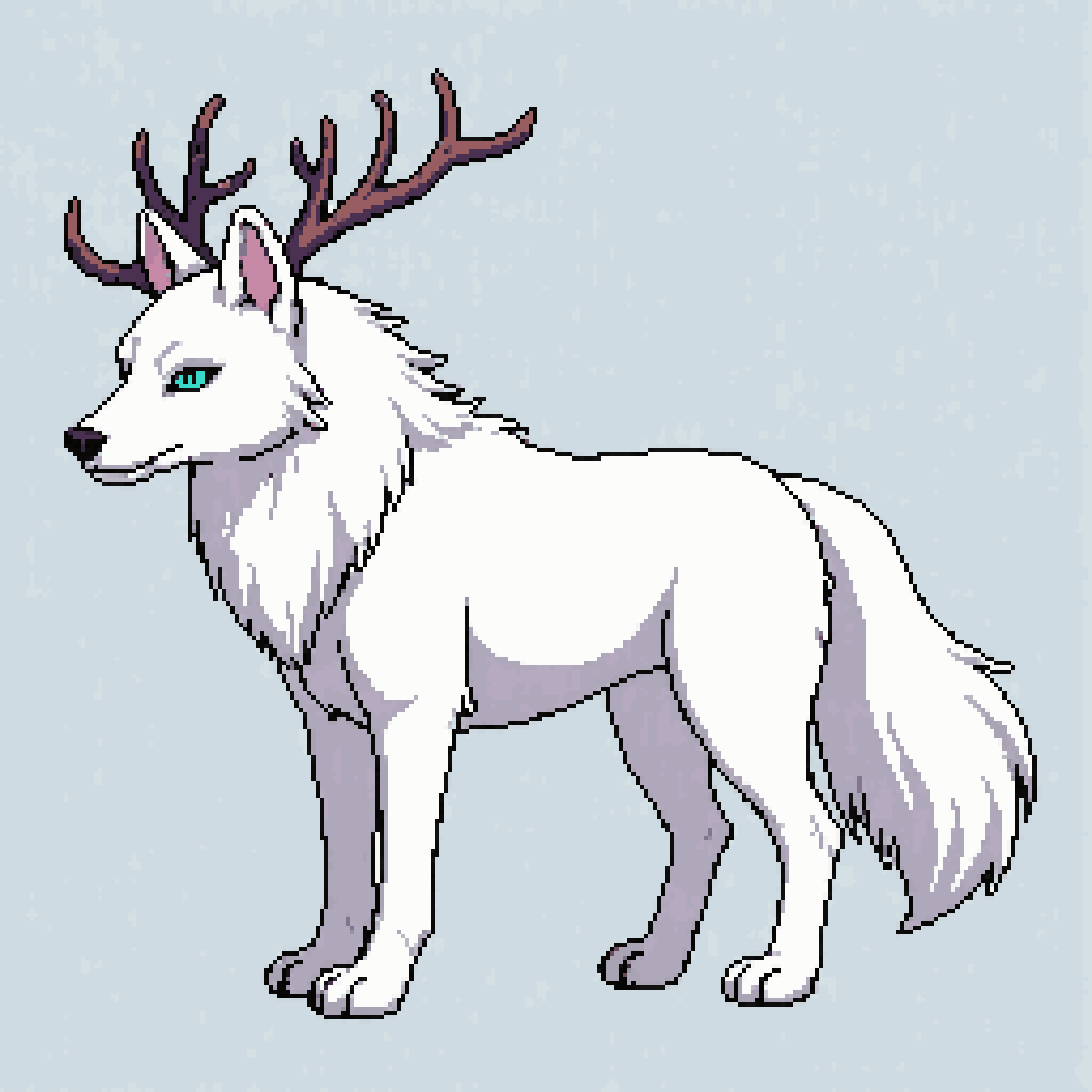 snow wolf with antlers in Hyper Light Drifter style pixel art