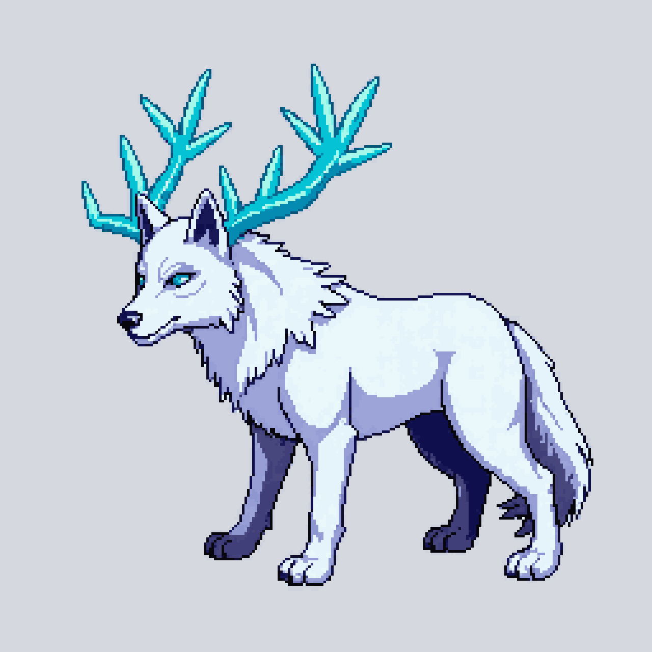 snow wolf with glowing ice antlers pixel art