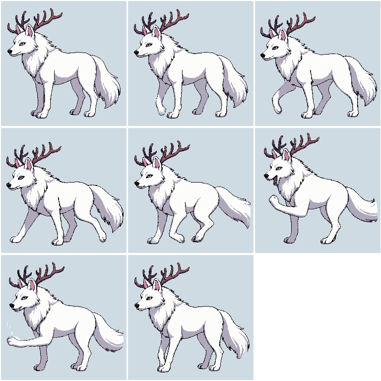 White Wolf With Antlers Running Attacking pixel art