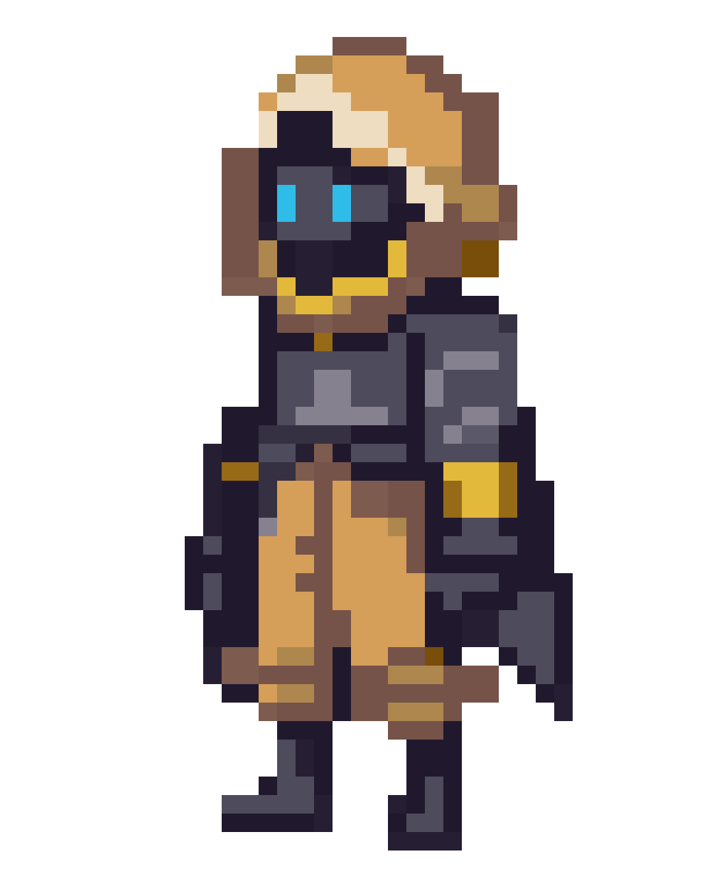 Full-body robot in hooded cloak pixel art