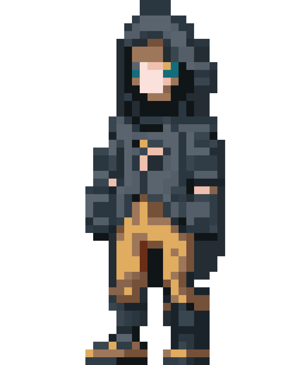 full-body robot in cloak pixel art