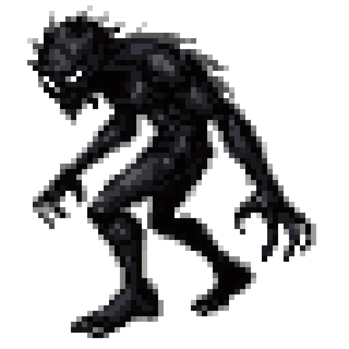 dark sinister human figure with white eyes pixel art